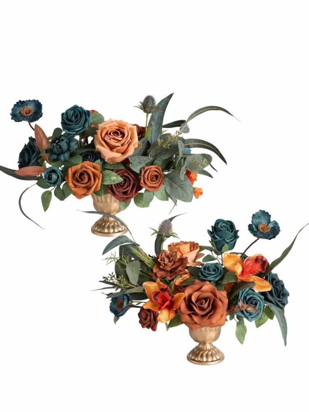 Ling's Moment Dark Teal & Burnt Orange Artificial Flowers with Vase (2 set)